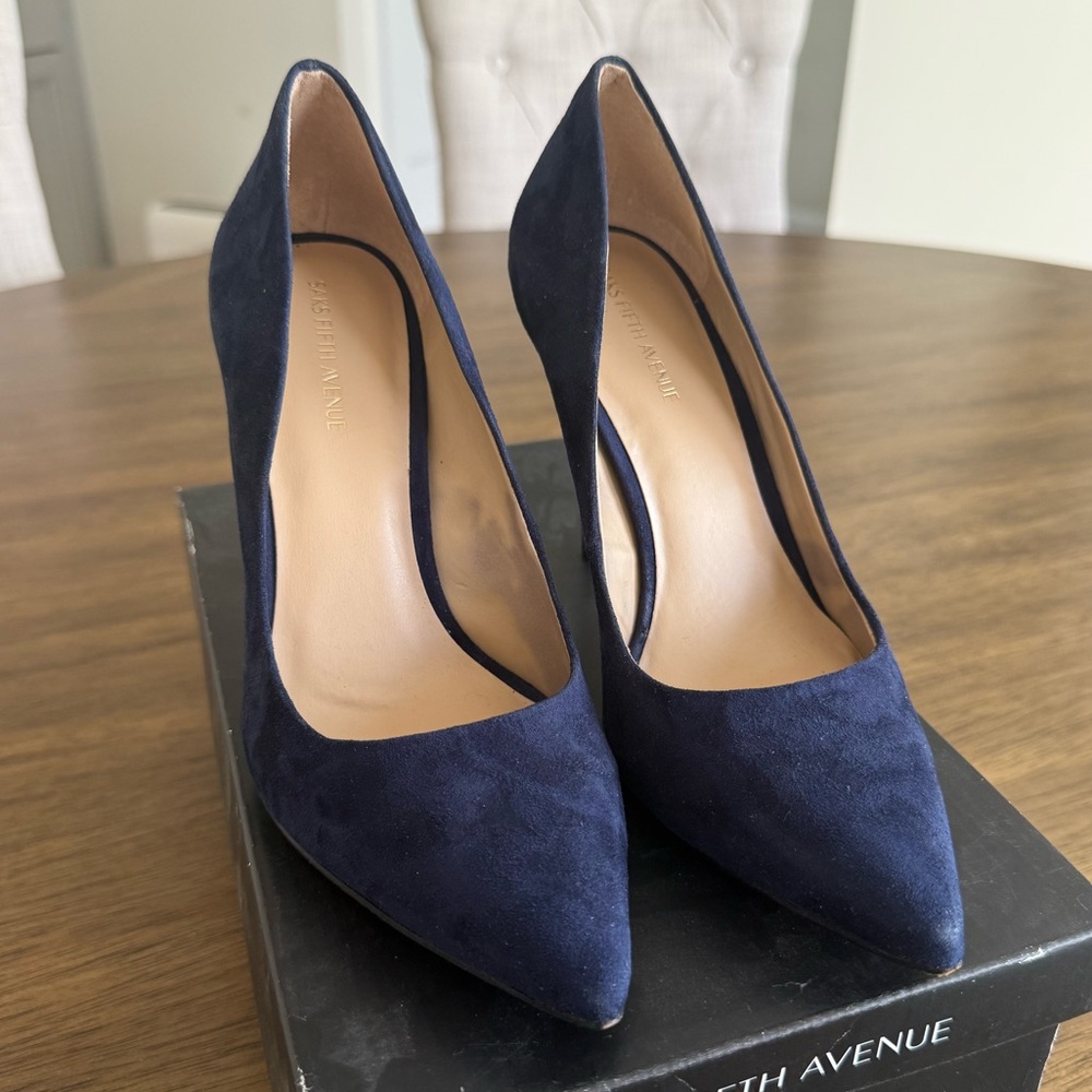Saks Fifth Avenue Navy Suede Pointed Toe Pumps